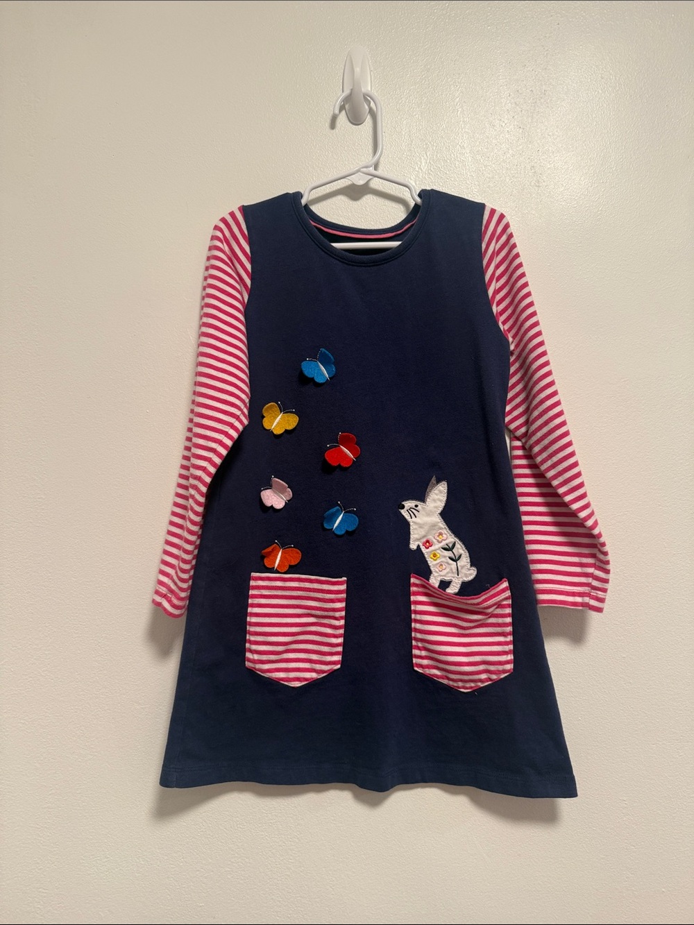 Navy Long-Sleeve Kids Dress with Pink Stripes and Butterfly Appliqués